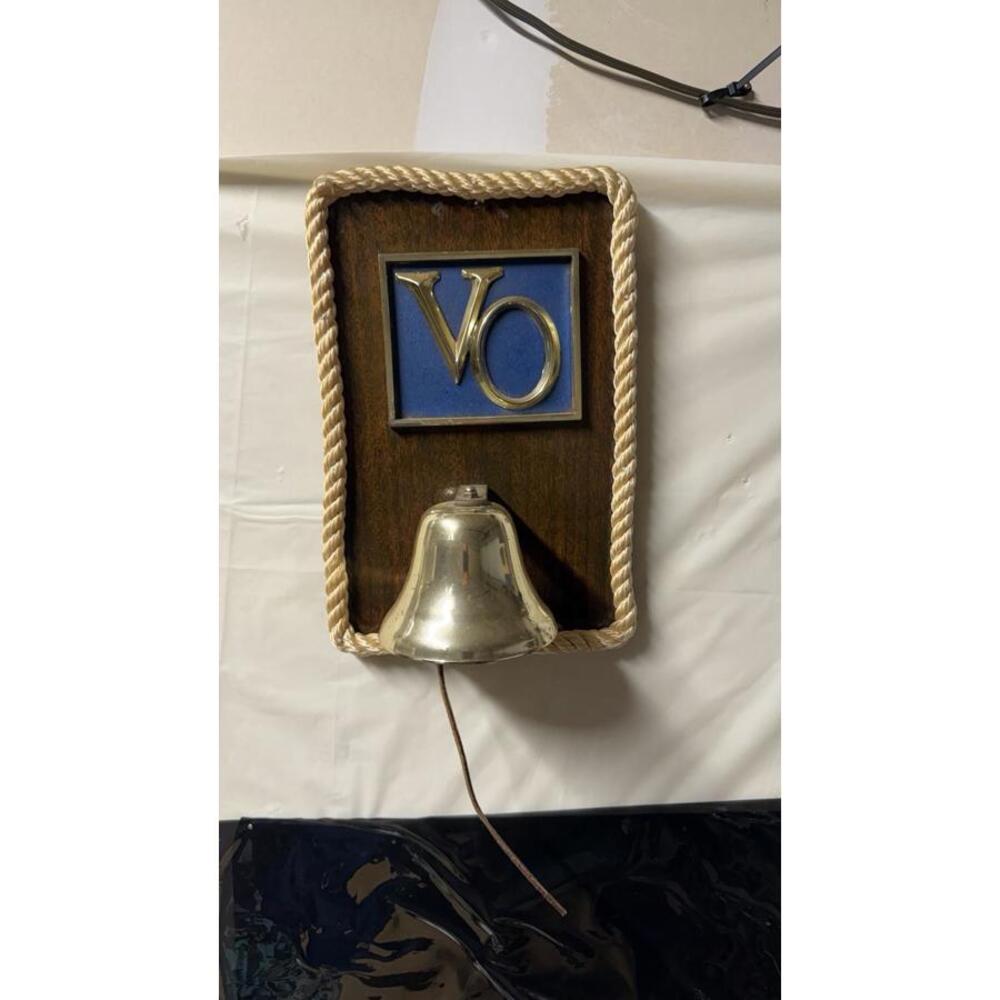 Vintage Nautical Wall Bell Brass Wood Rope Frame “VO” Maritime Decor